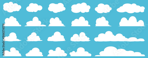 	
set of vector illustrations of clumpy clouds, cloud bubbles in flat style on a blue background	

