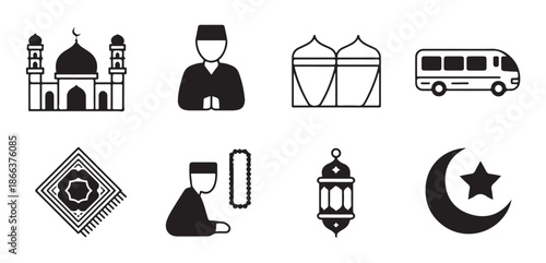 Solid black pictograms representing essential elements of islamic faith hajj rituals and celebration items