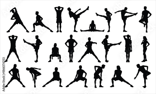 A comprehensive collection of diverse human silhouettes engaged in various fitness and stretching activities