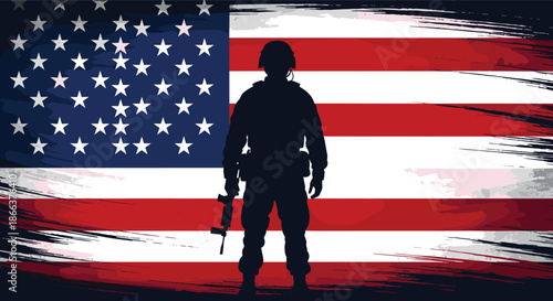 Soldier silhouette, American flag, patriotic art, military tribute, rifle pose, brushstroke texture, national pride, USA clipart, veteran honor