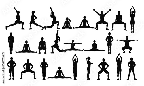 A diverse collection of human silhouettes demonstrating various yoga and stretching poses on a clean white background