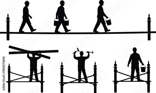 Construction worker silhouettes on scaffolding carrying tools and materials, building maintenance labor process, black vector illustration isolated background design concept