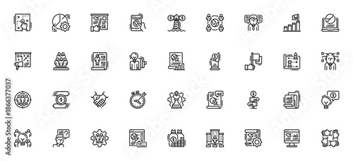 Business Management icon set. Vector illustration. Includes symbols for marketing plan, analytics, strategy, teamwork, revenue, target, customer service and more. Editable stroke.