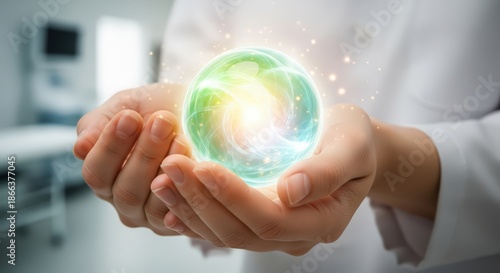 Woman holding glowing sphere in hands. Healing energy globe for regenerative medicine or holistic therapy concept. Future healthcare.