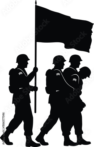 Soldier silhouettes, military march, flag bearer, injured comrade support, black and white illustration, unity, sacrifice, patriotism, armed forces tribute