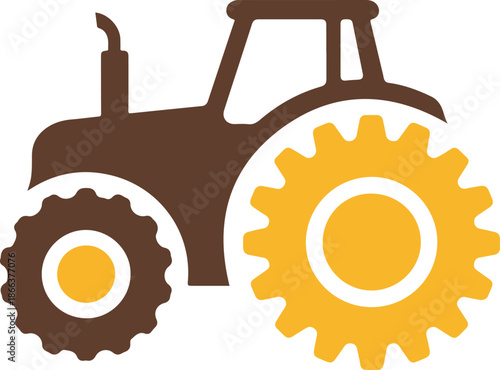 Flat vector illustration of a tractor combined with gear wheels, representing agriculture machinery, industrial farming, mechanized equipment, and rural technology. Clean silhouette style ideal for in