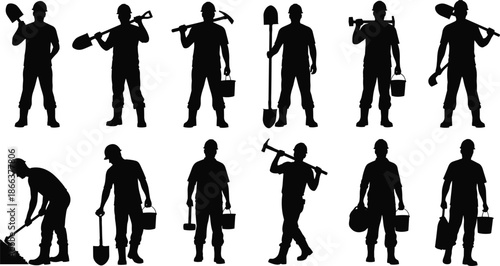 Construction worker silhouettes set holding shovels hammers buckets tools, laborer poses for building maintenance industry, black vector illustration
