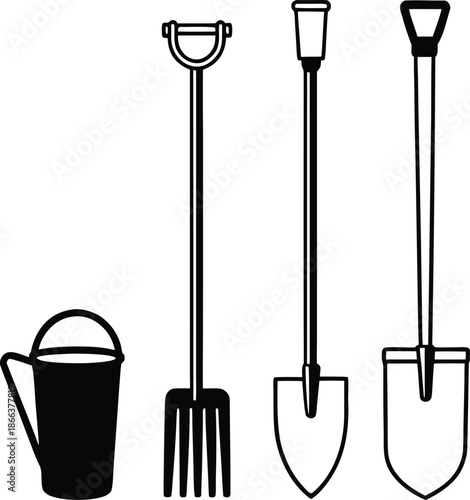Gardening tools bundle with shovel rake hoe line art illustration