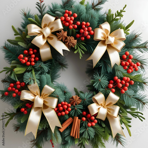 Christmas wreath made of naturalistic looking pine branches decorated with gold bows red berries and spices