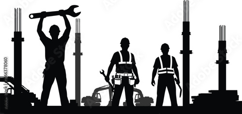 Construction worker silhouettes with heavy tools and machinery at industrial site, engineering labor workforce black vector illustration isolated background concept