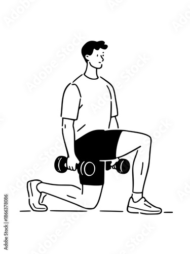 Minimal black-and-white line illustration of a man performing a dumbbell lunge exercise. Full-body character in a kneeling lunge position holding weights, isolated on a white background in a clean out