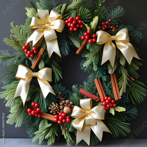 Christmas wreath made of naturalistic looking pine branches decorated with gold bows red berries and spices