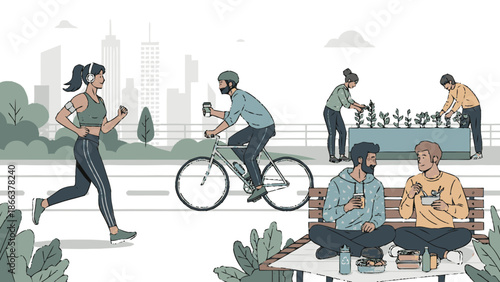 People enjoying various outdoor activities in a city park.