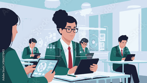 Student in glasses using a tablet in a modern classroom setting.