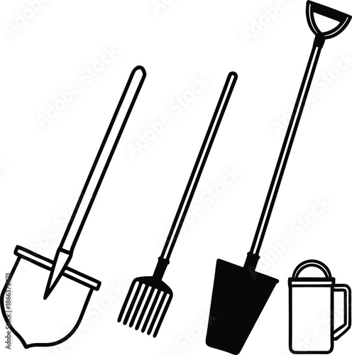 Gardening tools bundle with shovel rake hoe line art illustration