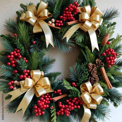 Christmas wreath made of naturalistic looking pine branches decorated with gold bows red berries and spices