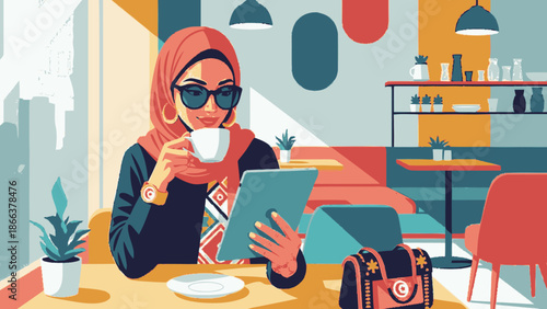 Stylish Muslim Woman in Hijab and Sunglasses Enjoying Coffee and Tablet.