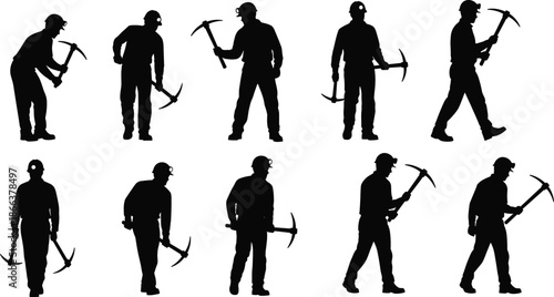 Miner worker silhouettes holding pickaxe tools industrial labor mining concept black vector illustration isolated white background set collection