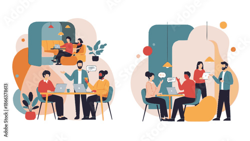 Two scenes of diverse business teams collaborating and discussing ideas in a modern office setting.