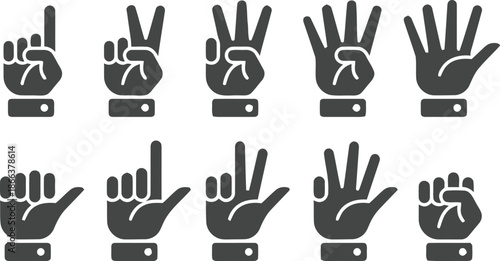 Human hand gestures showing numbers one to five counting icons