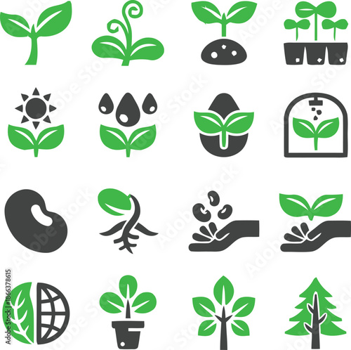 Plant growth and gardening flat icons set in green and gray colors