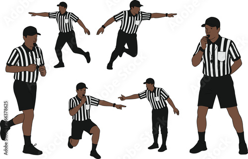 Sports referee illustration, black uniform, whistle gesture, pointing signal, running pose, game official, striped shirt, athletic stance, cartoon style, vector art