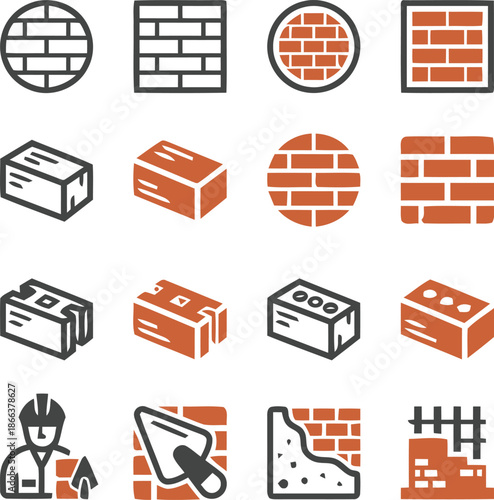 Set of brick and masonry work icons in line and solid color styles