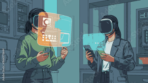 Two women interacting with augmented reality in a modern setting.