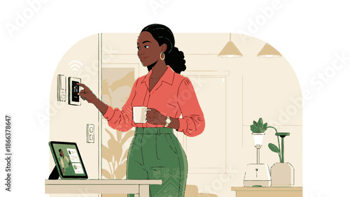 Woman adjusting smart home thermostat with coffee cup in hand.