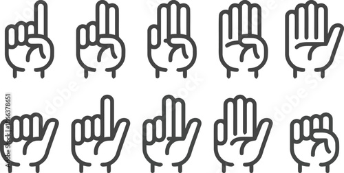 Set of human hand gestures counting from zero to five outline style