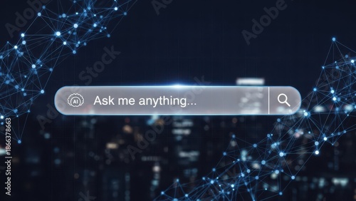 Artificial Intelligence (AI) Chatbot Search Bar with 'Ask me anything...' text, symbolizing advanced digital interaction, machine learning, and future technology on a connected network background.