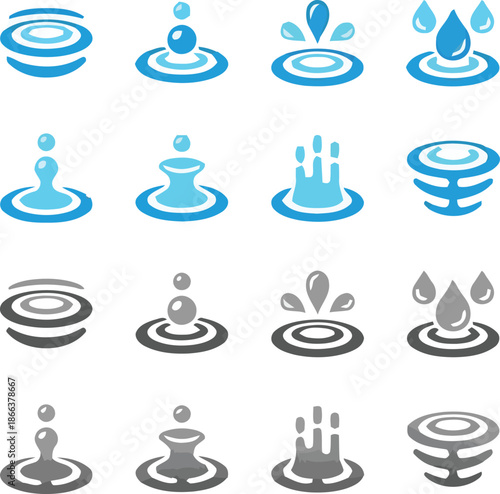 Set of water splash and ripple effects in blue and grey isometric view