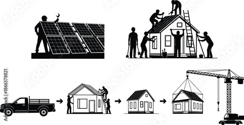 Home construction and solar panel installation silhouettes showing building process teamwork renewable energy housing development black vector illustration