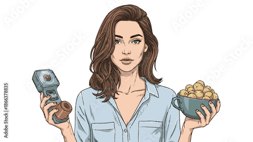 Woman holding a camera and a bowl of coins.