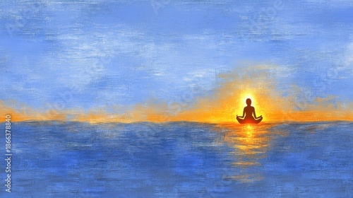 Serenity in Meditation at Dawn over Calm Ocean Waters with Gentle Waves and Warm Sunrise Colors