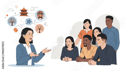 Woman presenting cultural concepts to a diverse group of attentive students.