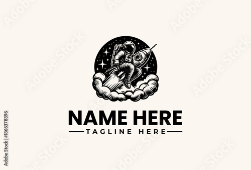 Black and white logo illustration of a mythical creature riding a wave with stars, on a cream background with space for custom name and tagline.