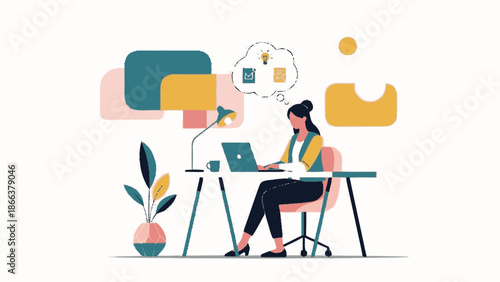Woman working on laptop at desk, surrounded by abstract shapes and thought bubbles.