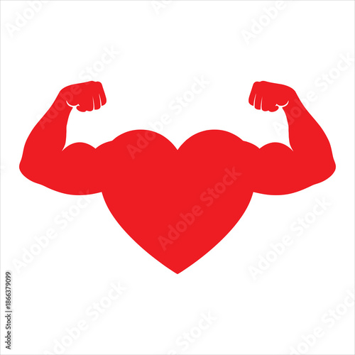 A vibrant red heart symbol featuring strong muscular biceps representing cardiovascular health and strength