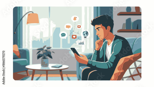 Young man engrossed in smartphone, surrounded by social media icons.