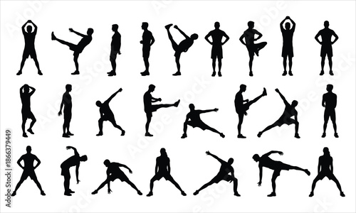 An extensive assortment of active human silhouettes demonstrating different fitness stretches and exercise forms
