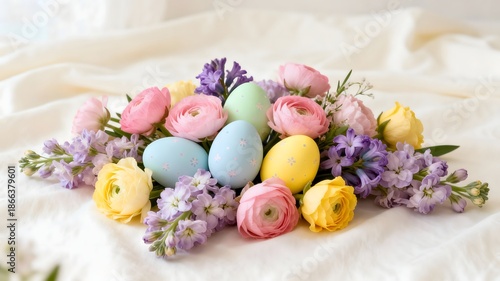 Easter flower bouquet with eggs for spring gifting and festive floral arrangements.