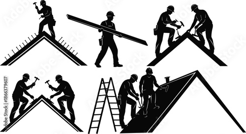Roof construction workers silhouettes installing shingles teamwork roofing repair industry safety ladder tools black vector illustration isolated white background concept