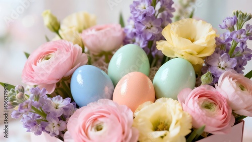 Spring flower bouquet with pastel-colored Easter eggs nestled among blooms. Romantic composition, soft lighting, gift idea.