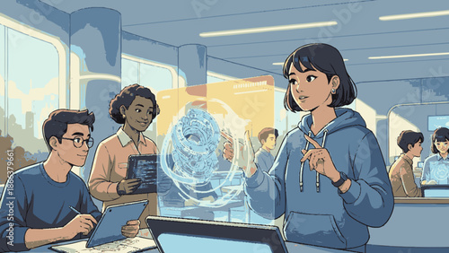 Young woman presenting a holographic brain model in a modern classroom.