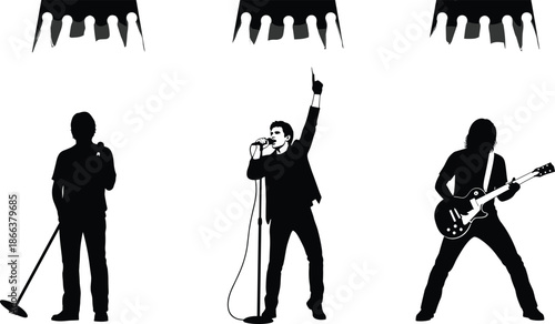 Rock band silhouettes performing live concert stage music performance singer guitarist microphone spotlight black vector illustration isolated white background