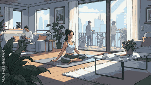 Young woman meditating in a bright, modern apartment living room.