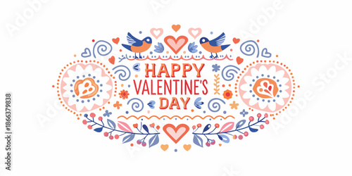A colorful valentine s day illustration with birds hearts and floral decorations