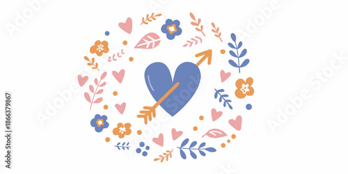 Floral wreath illustration featuring a blue heart pierced by an arrow