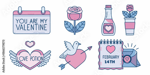 Charming valentine s day illustrations hearts roses and love potion designs